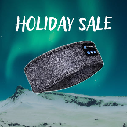 Snow flow ski tunes headband on snowy background, promoting holiday sale for ski headphones and winter sports enthusiasts.